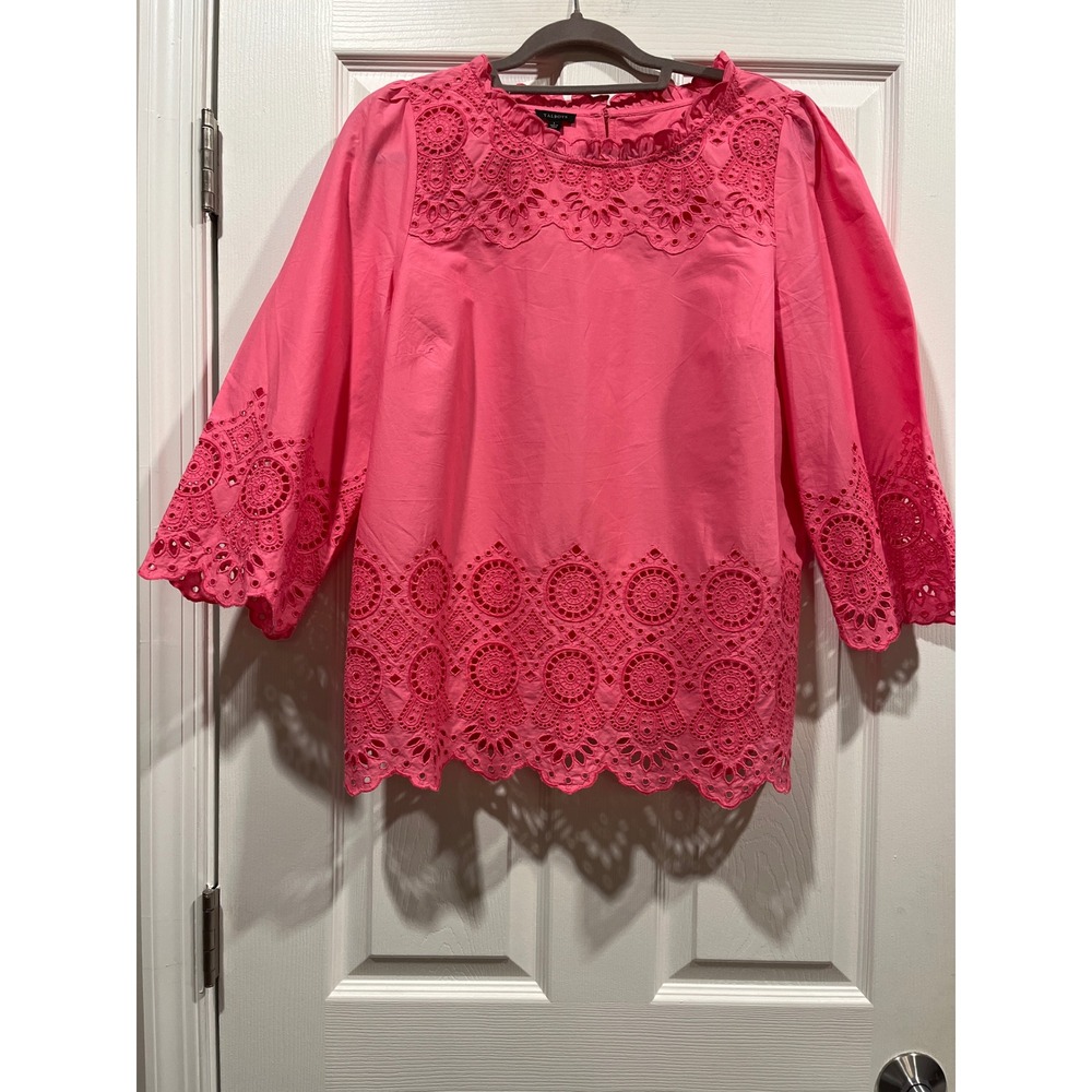 Talbots Pink‎ Eyelet Embroidered Ruffle Neck Blouse Top Large NWT 374214